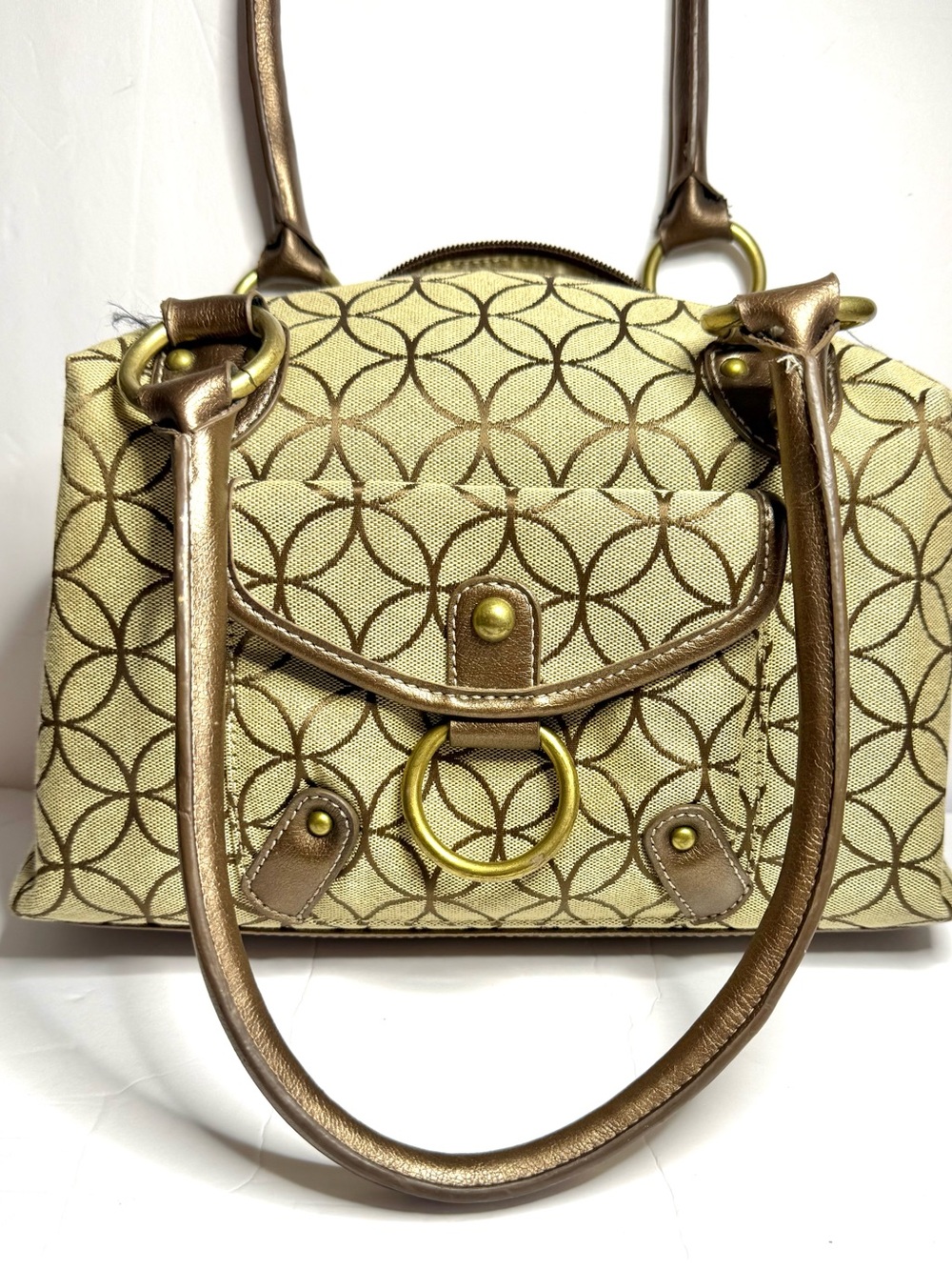 Vintage Beige Patterned Shoulder Bag with Bronze Trim